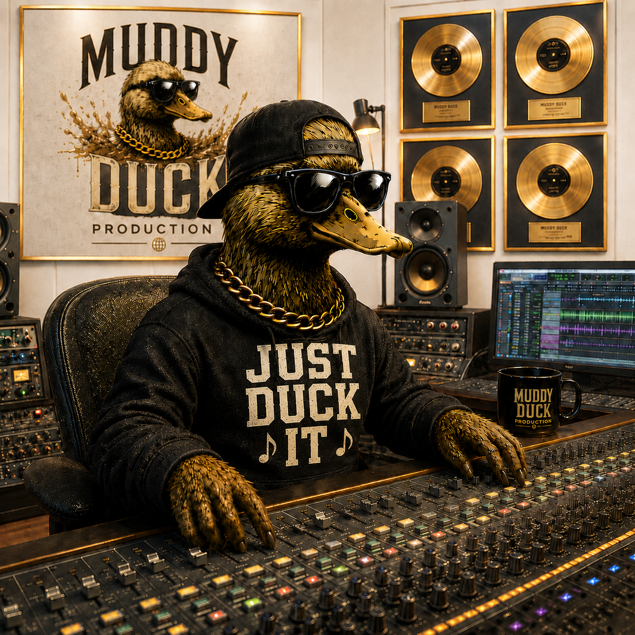 muddy duck @ mixing board w %22just duck it%22